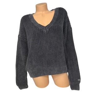 PINK Victoria's Secret Forenza MEDIUM‎ V-Neck Chunky Knit Sweater Grey Black